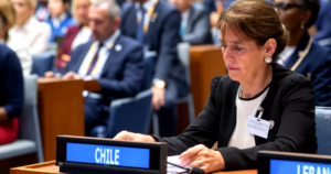 Pía Adriasola sentada tras la placa de Chile en una sesión de Naciones Unidas