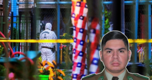 Perito de Carabineros en el sitio del crimen tras cinta policial, con recuadro del cabo Aguilera en uniforme