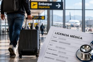 Ilustración de un viajero con maleta en un aeropuerto junto a una licencia médica